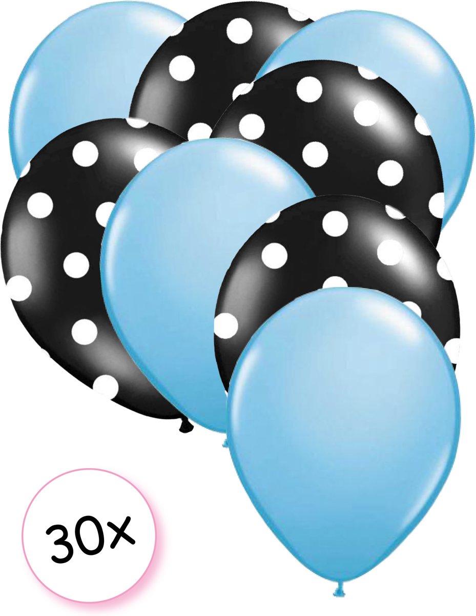 Ballonnen Licht blauw & Dots Zwart-Wit 30 stuks 27 cm